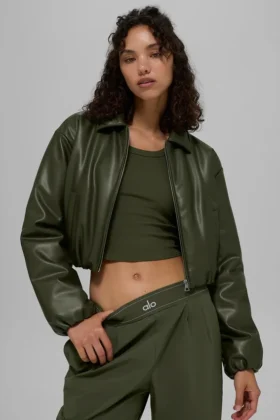 Bomber corto «Premier» de imitación de piel – Verde oliva