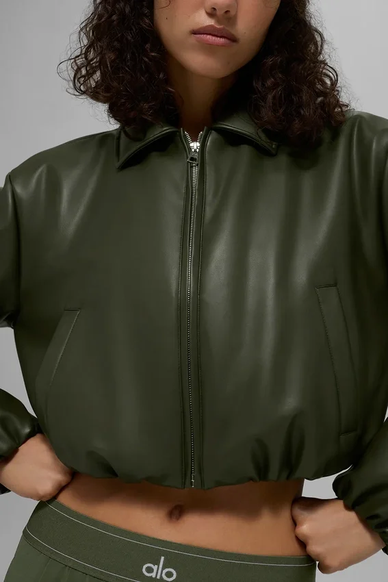 Bomber corto «Premier» de imitación de piel - Verde oliva