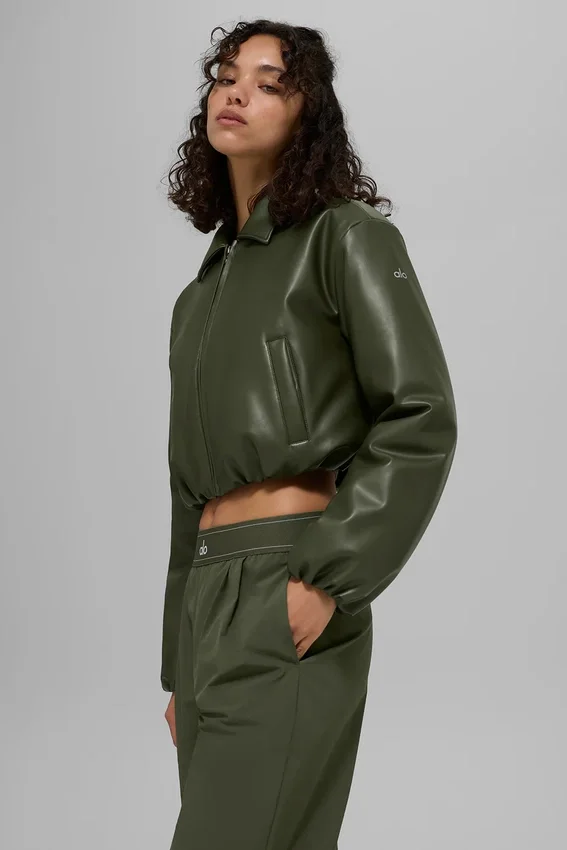 Bomber corto «Premier» de imitación de piel - Verde oliva