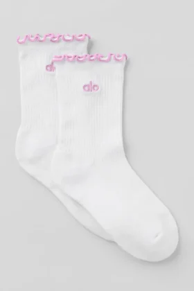 Calcetines de mujer con borde ondulado - Blanco/Rosa corazón de caramelo