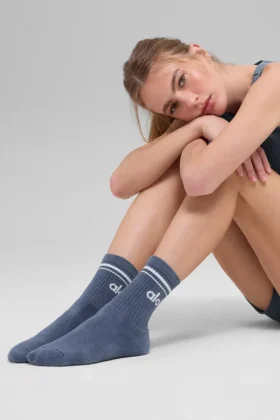 Calcetines unisex de caña media estilo retro – Azul piedra/Blanco