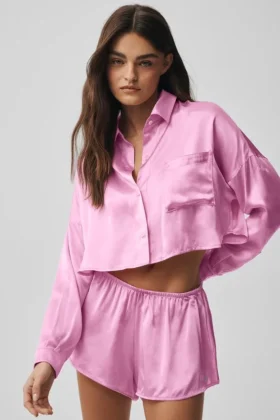 Camisa corta de manga larga con botones «Silk Luminous» - Rosa Candy Heart