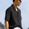 Camisa de lino de manga corta con botones «Linen Days» - Negro