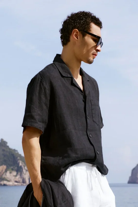 Camisa de lino de manga corta con botones «Linen Days» - Negro