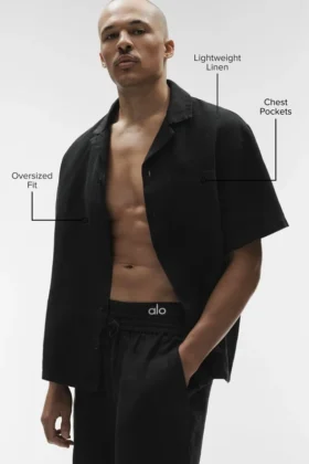 Camisa de lino de manga corta con botones «Linen Days» – Negro