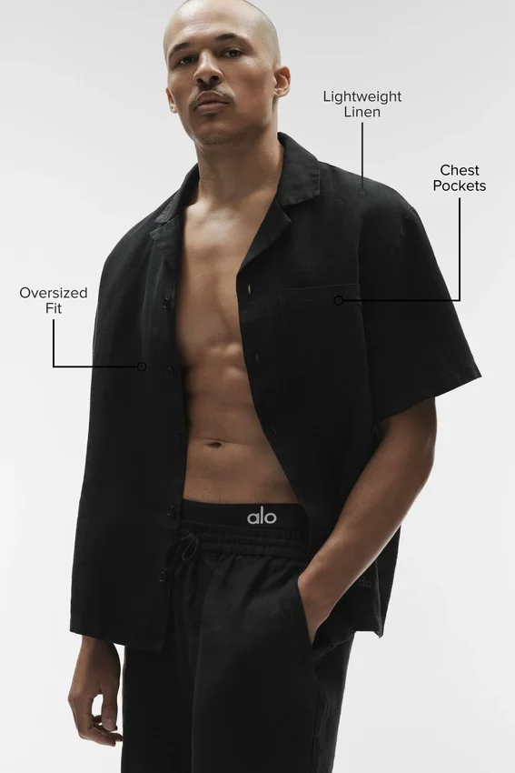 Camisa de lino de manga corta con botones «Linen Days» - Negro