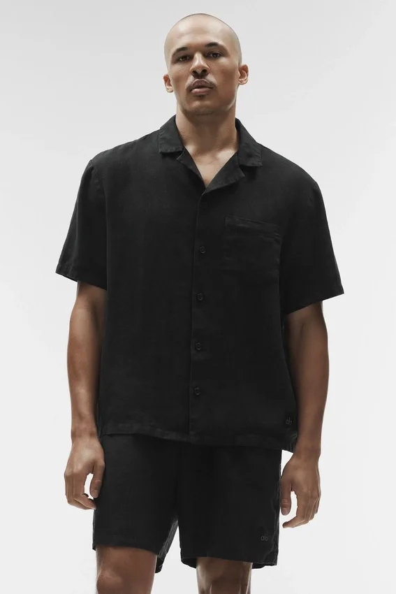 Camisa de lino de manga corta con botones «Linen Days» - Negro