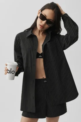 Camisa de manga larga a rayas finas «Daylight» con botones — Negro/Titanio