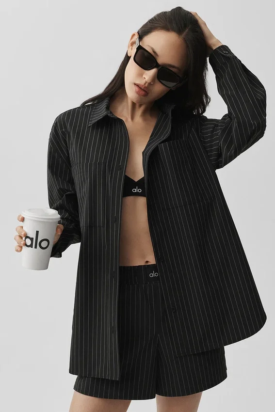 Camisa de manga larga a rayas finas «Daylight» con botones — Negro/Titanio