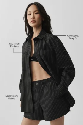 Camisa de manga larga a rayas finas «Daylight» con botones — Negro/Titanio