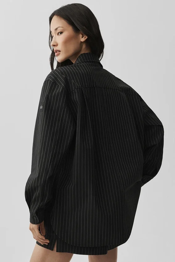 Camisa de manga larga a rayas finas «Daylight» con botones — Negro/Titanio