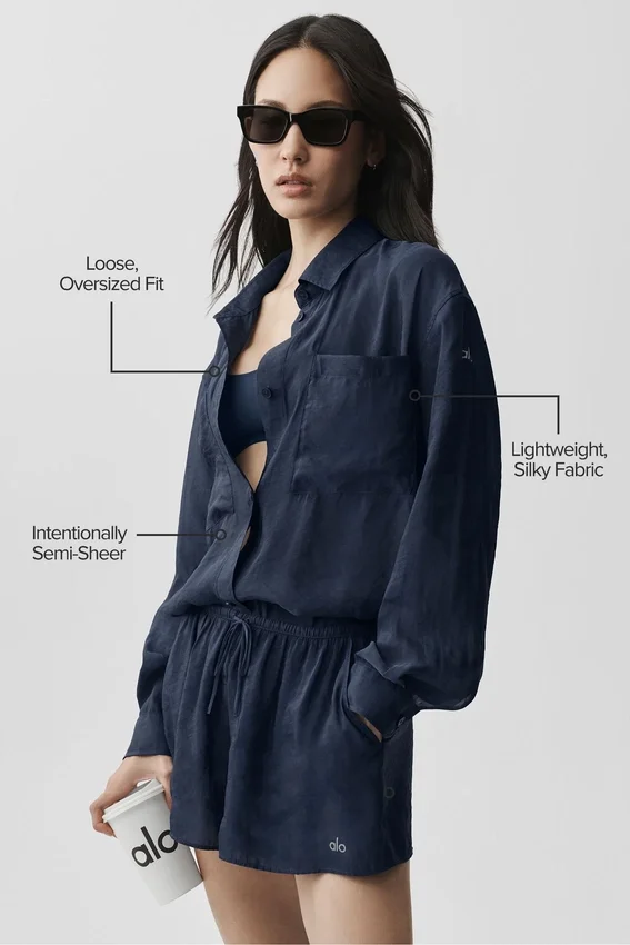 Camisa de manga larga con botones «Golden Hour», semitransparente - Azul marino