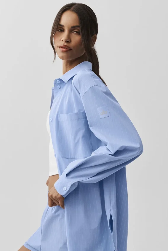 Camisa de manga larga «Daylight» a rayas finas con botones — Azul Provenza claro/Blanco