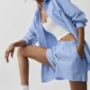 Camisa de manga larga «Daylight» a rayas finas con botones — Azul Provenza claro/Blanco