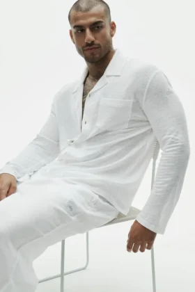 Camisa de manga larga de jersey de lino «Coastal» con botones - Blanco