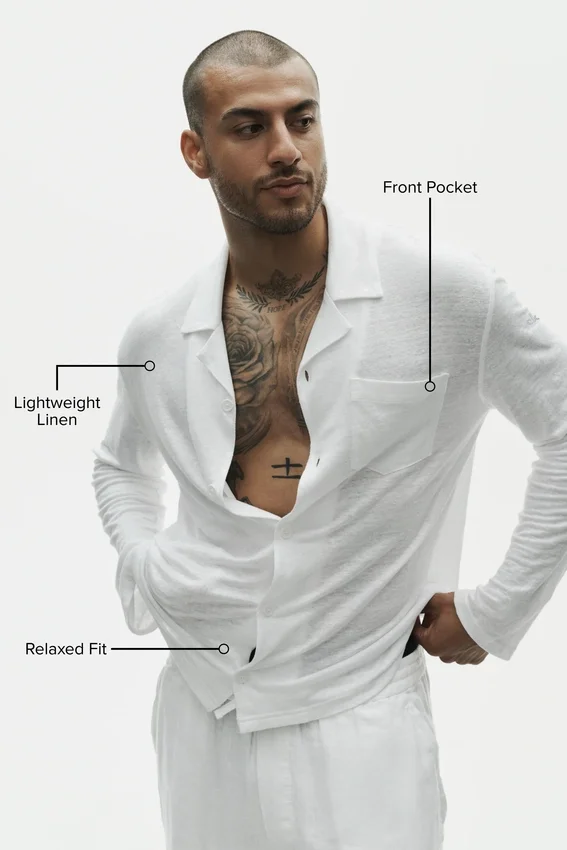 Camisa de manga larga de jersey de lino «Coastal» con botones - Blanco