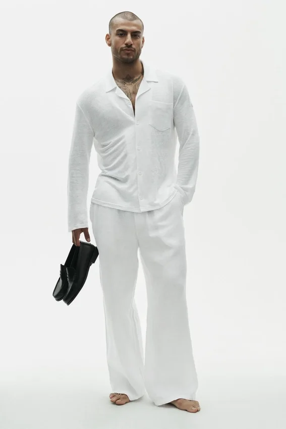 Camisa de manga larga de jersey de lino «Coastal» con botones - Blanco