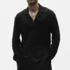 Camisa de manga larga de jersey de lino «Coastal» con botones - Negro