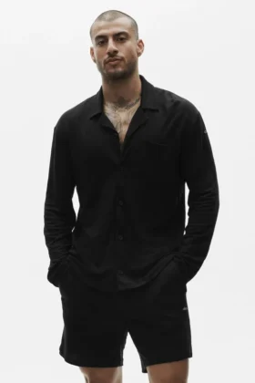 Camisa de manga larga de jersey de lino «Coastal» con botones - Negro