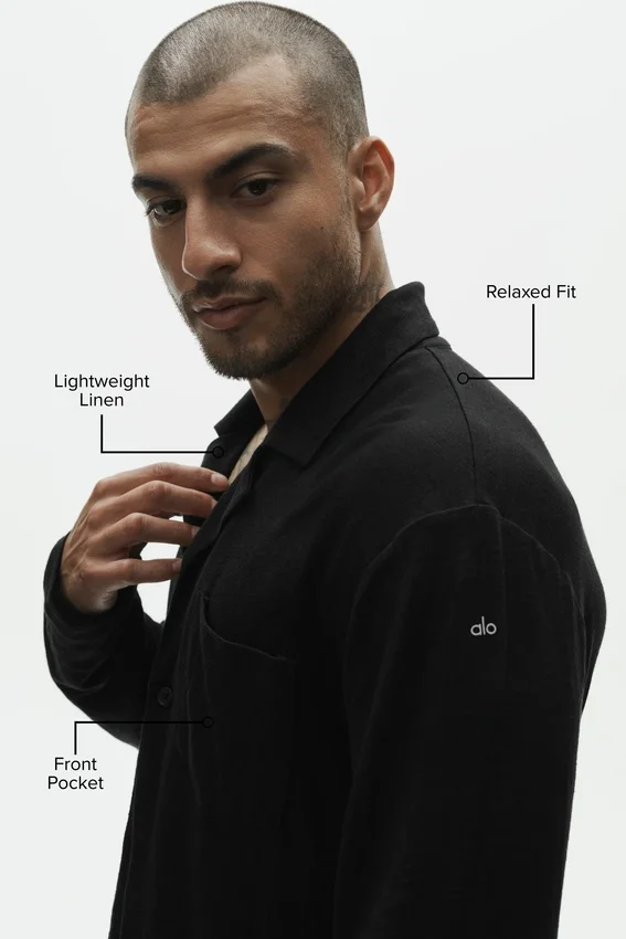 Camisa de manga larga de jersey de lino «Coastal» con botones - Negro