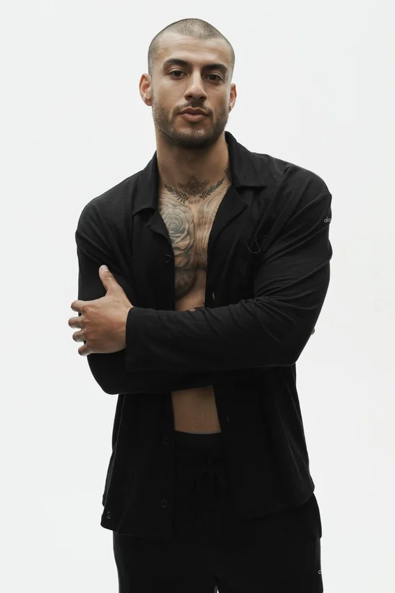 Camisa de manga larga de jersey de lino «Coastal» con botones - Negro