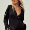 Camisa de seda luminosa con botones - Negro