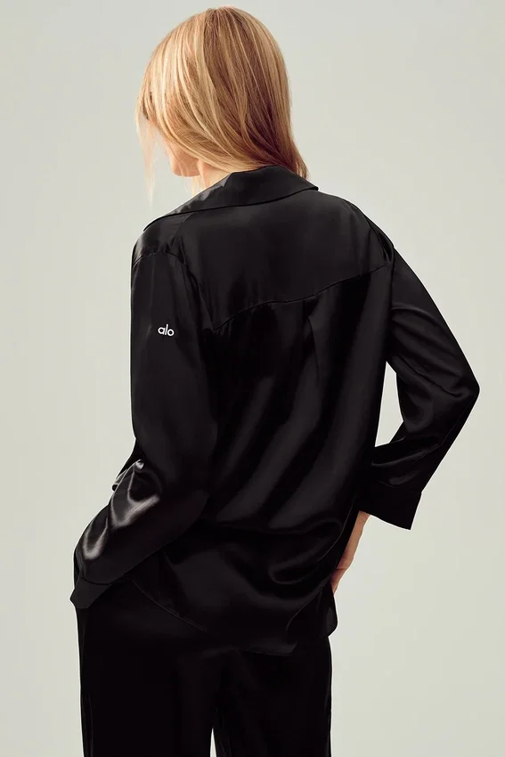 Camisa de seda luminosa con botones - Negro