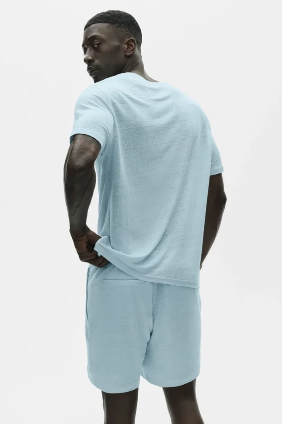 Camiseta de manga corta «Coastal» de jersey de lino - Azul mar
