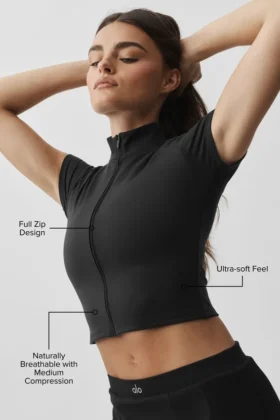 Camiseta de manga corta con cremallera completa Alo Softsculpt — Negro