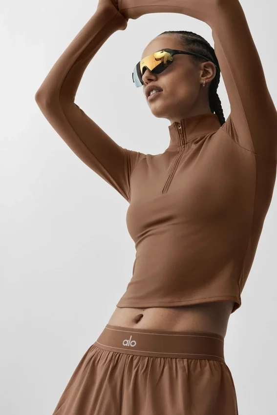 Camiseta de manga larga con cremallera de 1/4 Alo Softsculpt Precision - Marrón «Sun Kissed»