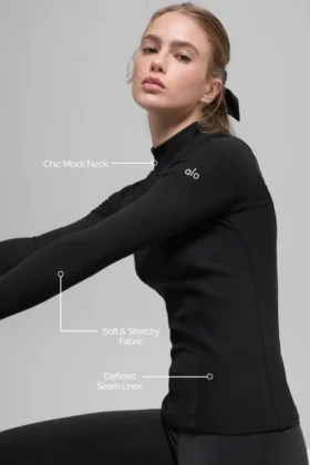 Camiseta de manga larga con cuello alto y tejido acanalado «Mesmerize» — Negro