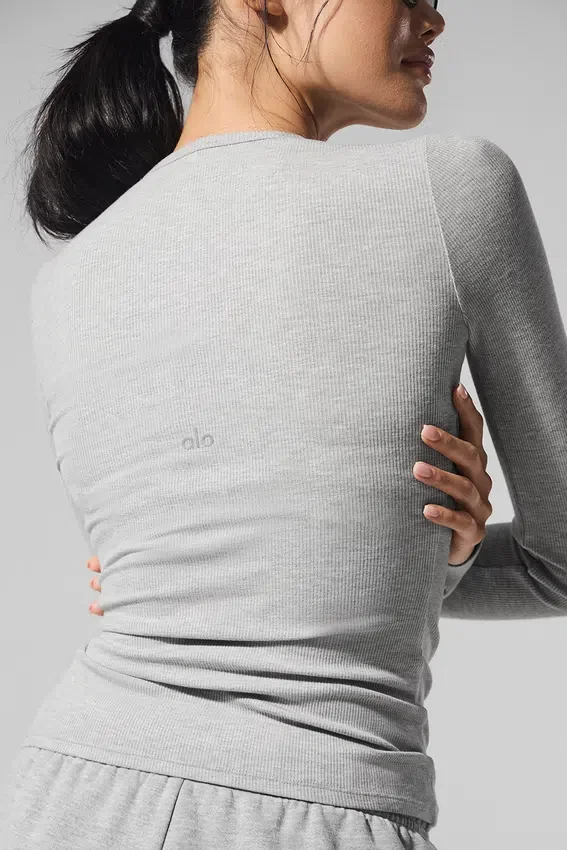 Camiseta de manga larga de modal acanalado - Gris jaspeado deportivo