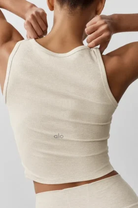 Camiseta de tirantes Henley de modal acanalado – Gris avena jaspeado