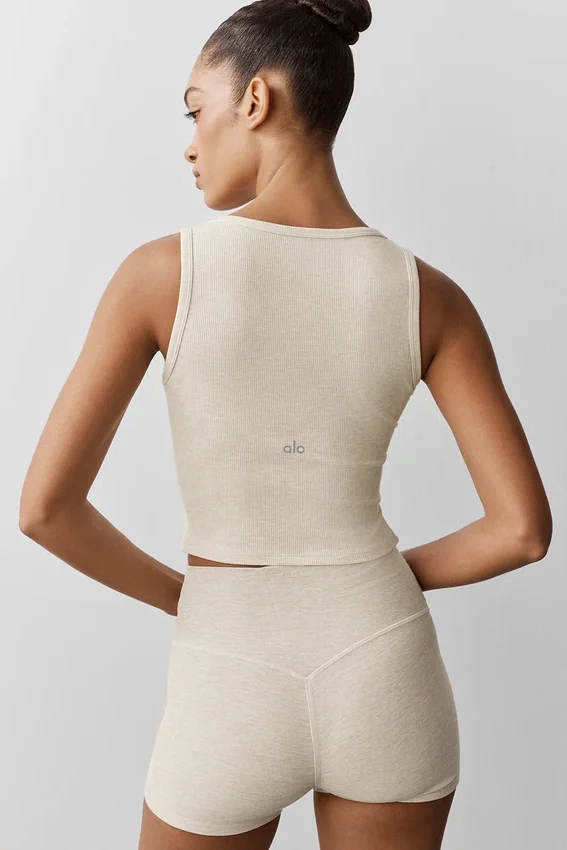 Camiseta de tirantes Henley de modal acanalado - Gris avena jaspeado