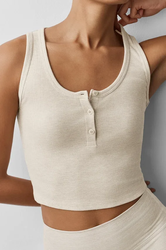 Camiseta de tirantes Henley de modal acanalado - Gris avena jaspeado
