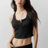 Camiseta de tirantes Henley de modal con canalé - Negro