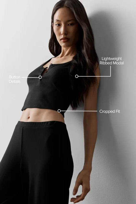 Camiseta de tirantes Henley de modal con canalé - Negro
