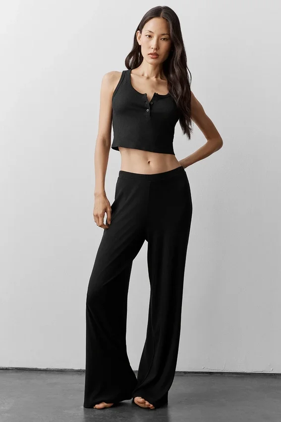 Camiseta de tirantes Henley de modal con canalé - Negro