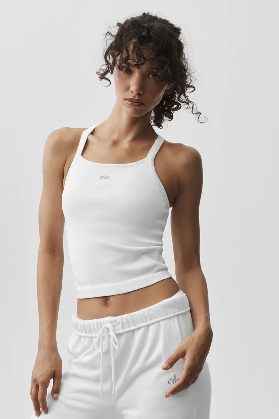 Camiseta de tirantes sin costuras con ribete acanalado y sujetador integrado «Favorite» de manga larga - Blanco