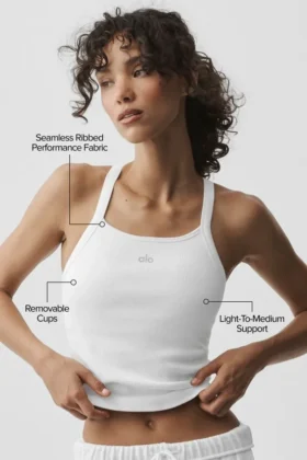 Camiseta de tirantes sin costuras con ribete acanalado y sujetador integrado «Favorite» de manga larga – Blanco