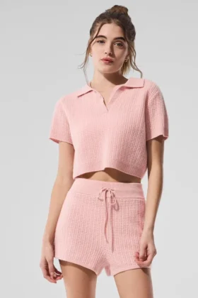Camiseta polo de cachemira con tejido de panal de felpa — Cuarzo rosa
