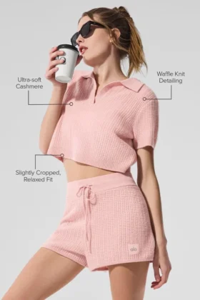 Camiseta polo de cachemira con tejido de panal de felpa — Cuarzo rosa