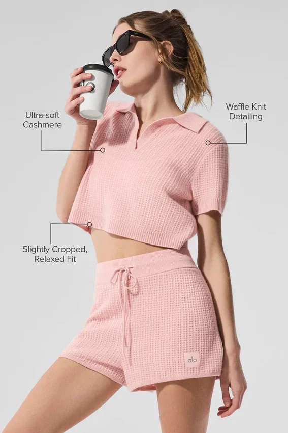 Camiseta polo de cachemira con tejido de panal de felpa — Cuarzo rosa