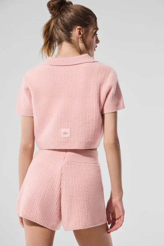 Camiseta polo de cachemira con tejido de panal de felpa — Cuarzo rosa