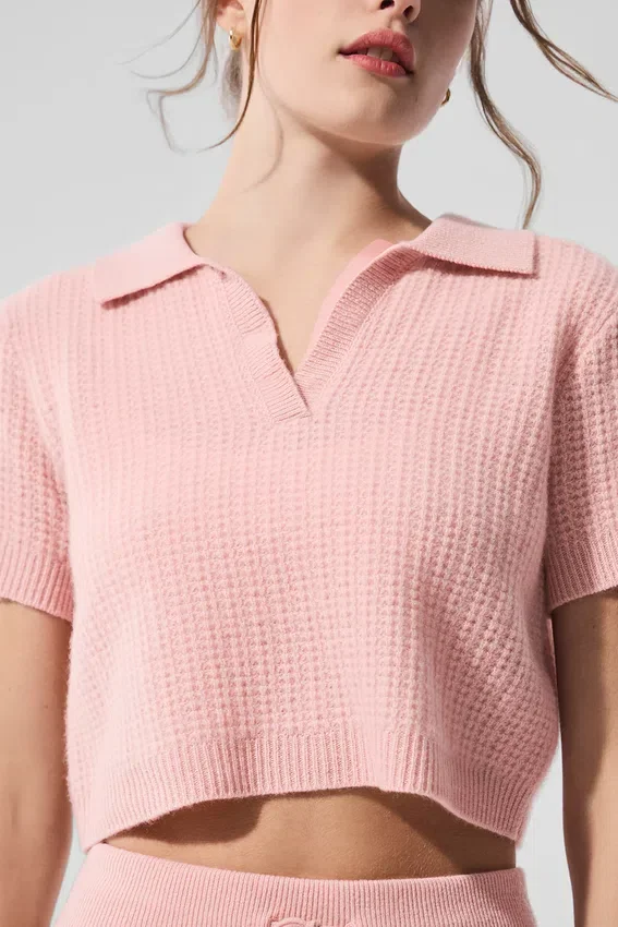 Camiseta polo de cachemira con tejido de panal de felpa — Cuarzo rosa