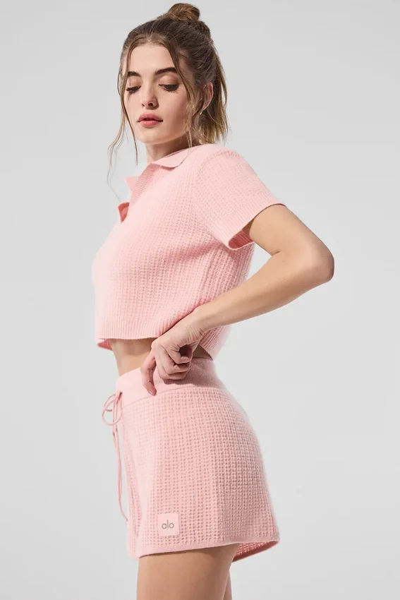 Camiseta polo de cachemira con tejido de panal de felpa — Cuarzo rosa