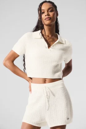 Camiseta polo de cachemira con tejido de panal de felpa - Marfil