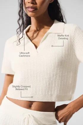 Camiseta polo de cachemira con tejido de panal de felpa – Marfil