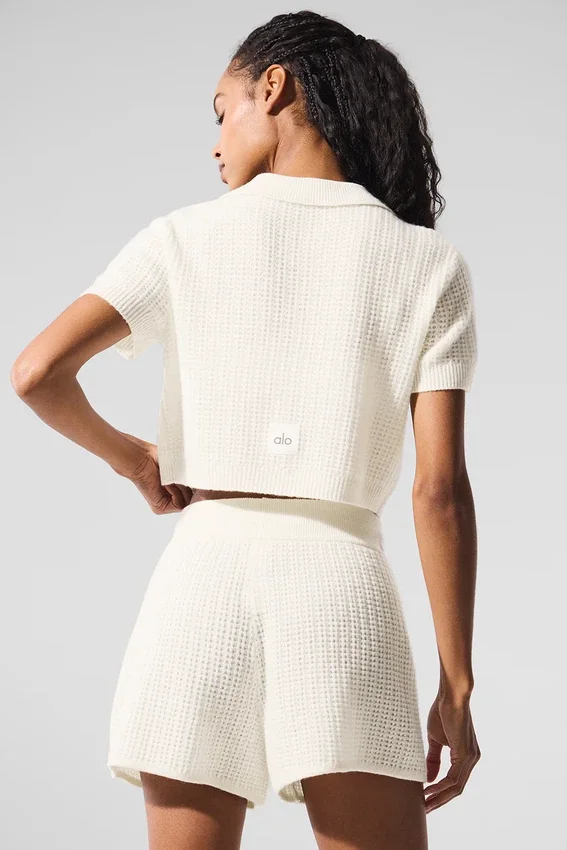 Camiseta polo de cachemira con tejido de panal de felpa - Marfil