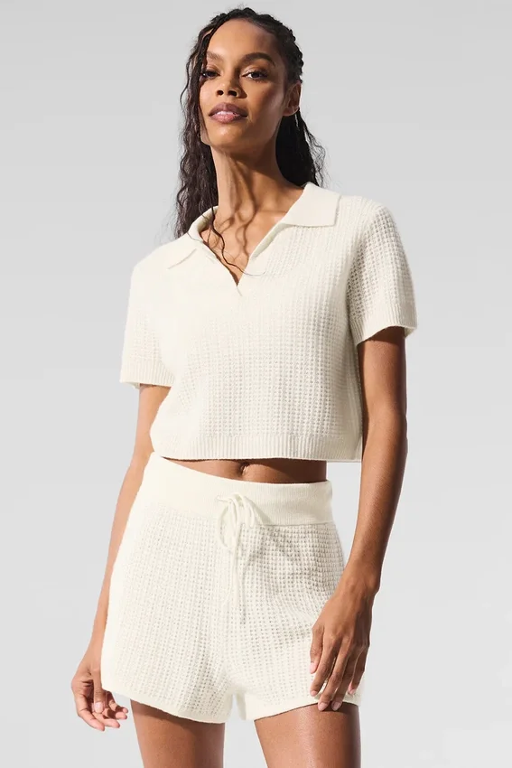 Camiseta polo de cachemira con tejido de panal de felpa - Marfil